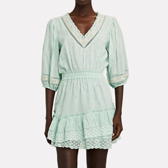 LOVESHACKFANCY ADLEY RUFFLED LACE MINI DRESS in Seafoam Green XL - Picture 1 of 11